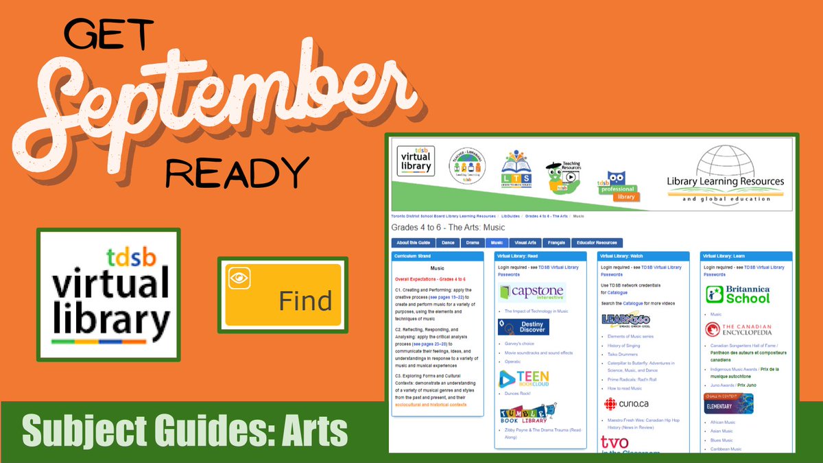 tdsbVL's tweet photo. Get #SeptemberReady at TDSB with our Arts Subject Guides @ProfLibraryTDSB @tdsbTR @TDSBLibrary Subject and grade-specific resources curated by curriculum strand. Explore new resources to support teaching &amp; learning! Visit the Find page on the VL: https://t.co/pTTVIUboh3 https://t.co/FC5kC2HUUg