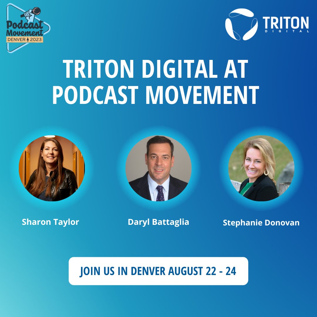 Triton Digital (@tritondigital) on Twitter photo We can't believe <a href="/PodcastMovement/">Podcast Movement</a> is next week! 😎 🙌
🎤 Team Triton will be participating on 5 sessions
🗣 We'll be at booth 201 ready to talk about all things #audio
🎁 Our booth will also have 2 giveaways
We can't wait to see you all at #PM23 We can't believe <a href="/PodcastMovement/">Podcast Movement</a> is next week! 😎 🙌
🎤 Team Triton will be participating on 5 sessions
🗣 We'll be at booth 201 ready to talk about all things #audio
🎁 Our booth will also have 2 giveaways
We can't wait to see you all at #PM23