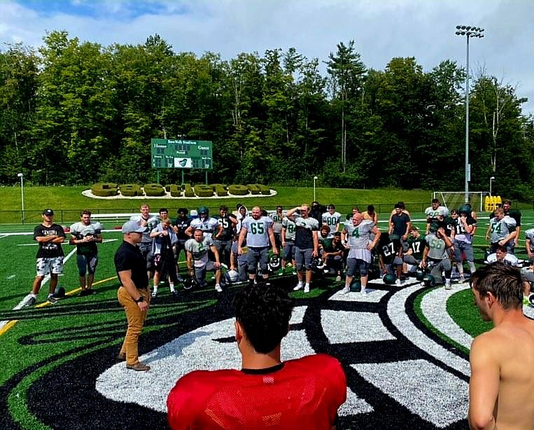 Great to have All-Conference LB and CU Captain Jakob Trautwein (2018) come back and share some words of advice with our team during camp! #WeAreSpartans #MolonLabe