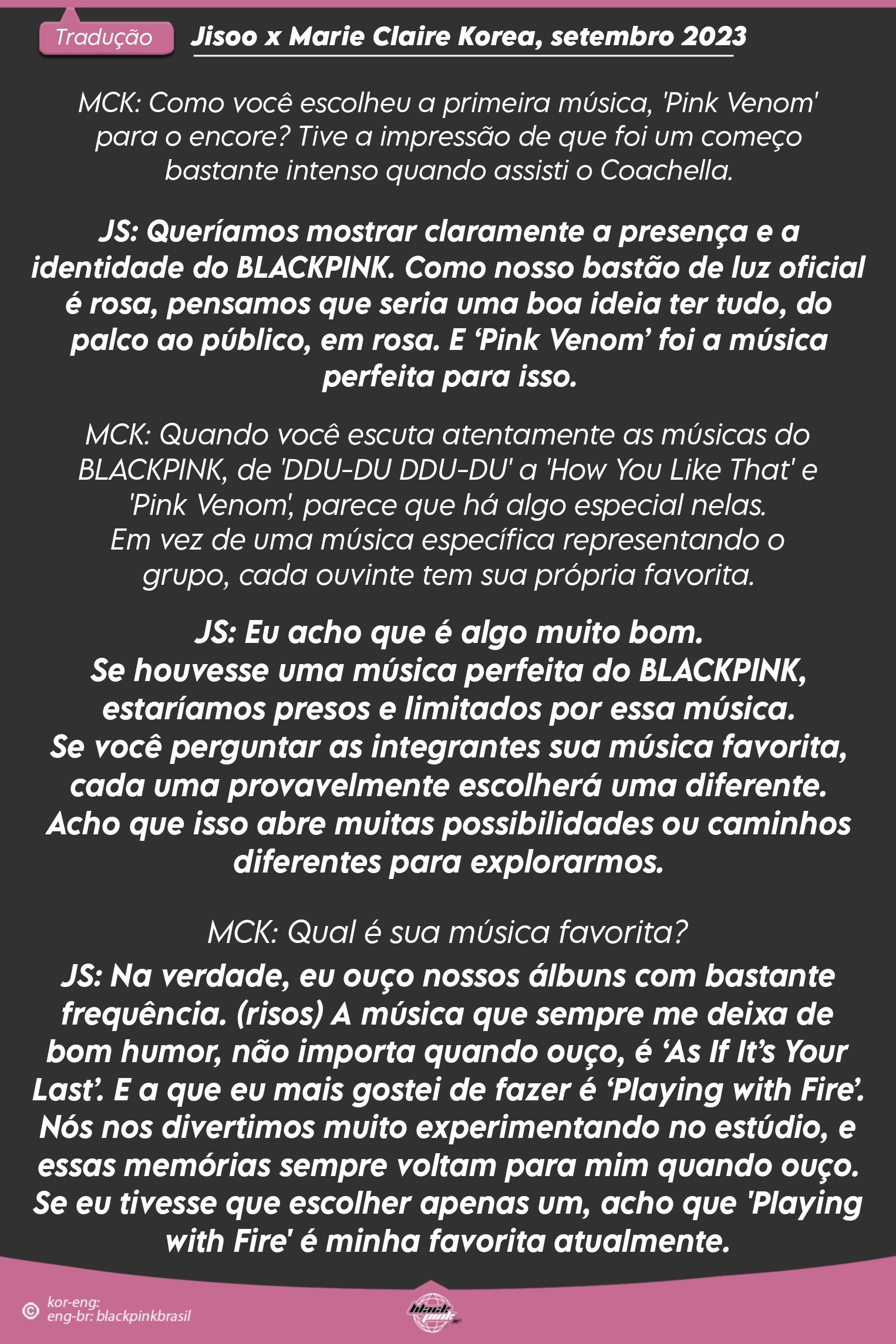 BLACKPINK BRASIL on X: 📌 Entrevista de Jisoo para a Marie Claire Korea,  edição setembro de 2023. (3/3) #JISOO #BLACKPINK  /  X
