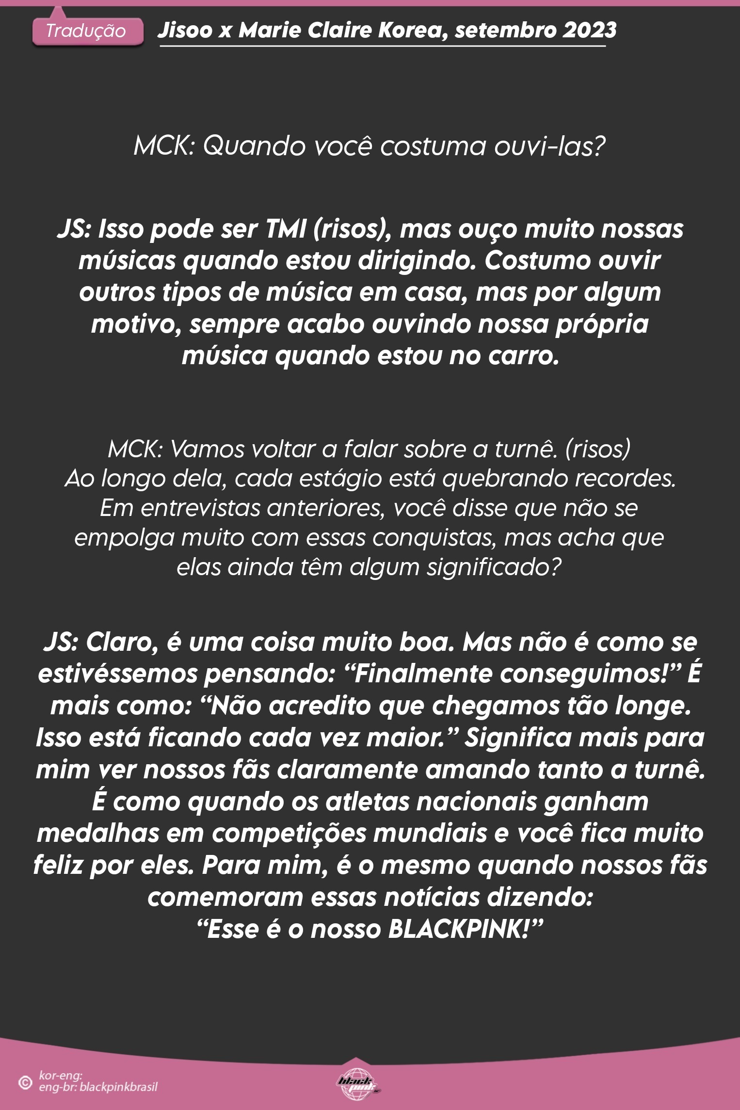 BLACKPINK BRASIL on X: 📌 Entrevista de Jisoo para a Marie Claire Korea,  edição setembro de 2023. (3/3) #JISOO #BLACKPINK  /  X