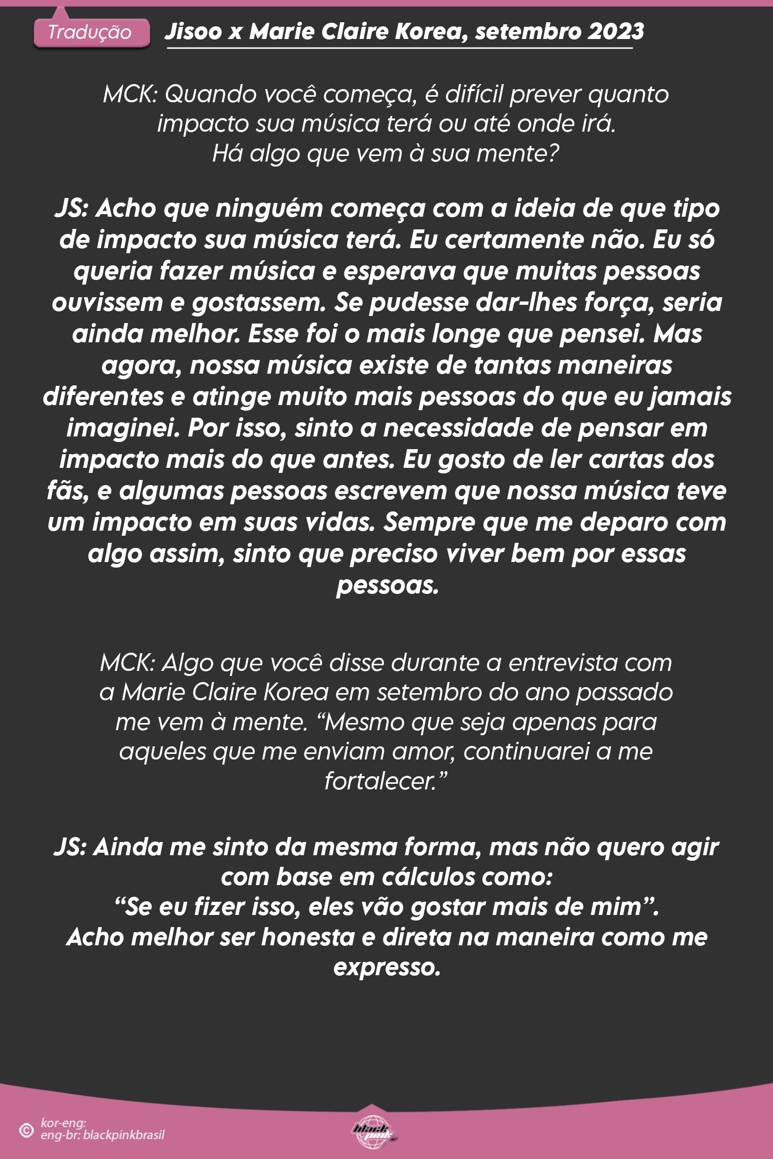 BLACKPINK BRASIL on X: 📌 Entrevista de Jisoo para a Marie Claire Korea,  edição setembro de 2023. (3/3) #JISOO #BLACKPINK  /  X