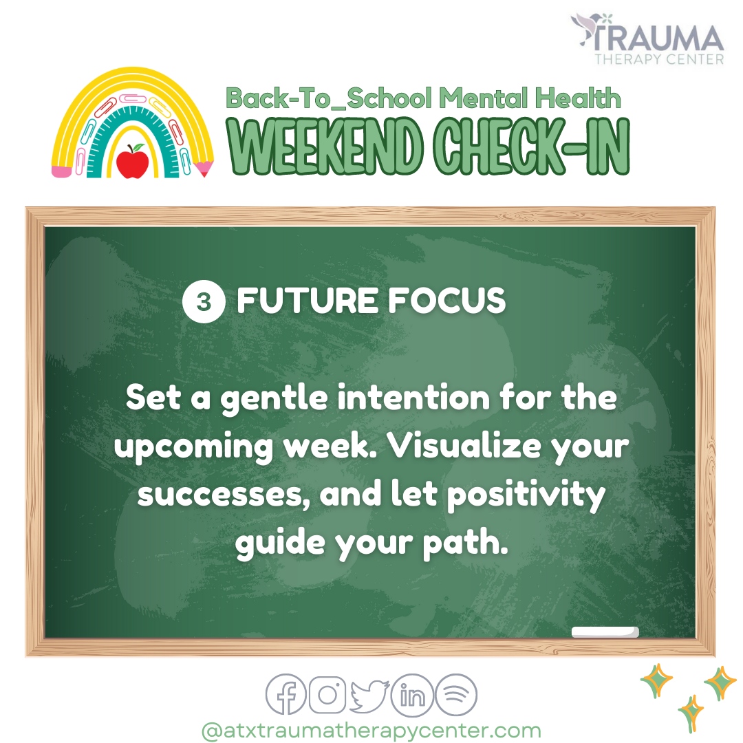 atxtrauma's tweet photo. As we wrap up this week, it's the perfect time to reflect, recharge, and set intentions. 🙌✨

#WeekendWellness #MentalHealthCheckIn #BackToSchoolVibes 
#AustinTraumaTherapyCenter#TraumaTherapyCenter #Therapy #Therapist #Trauma https://t.co/wAZYl9AxWW