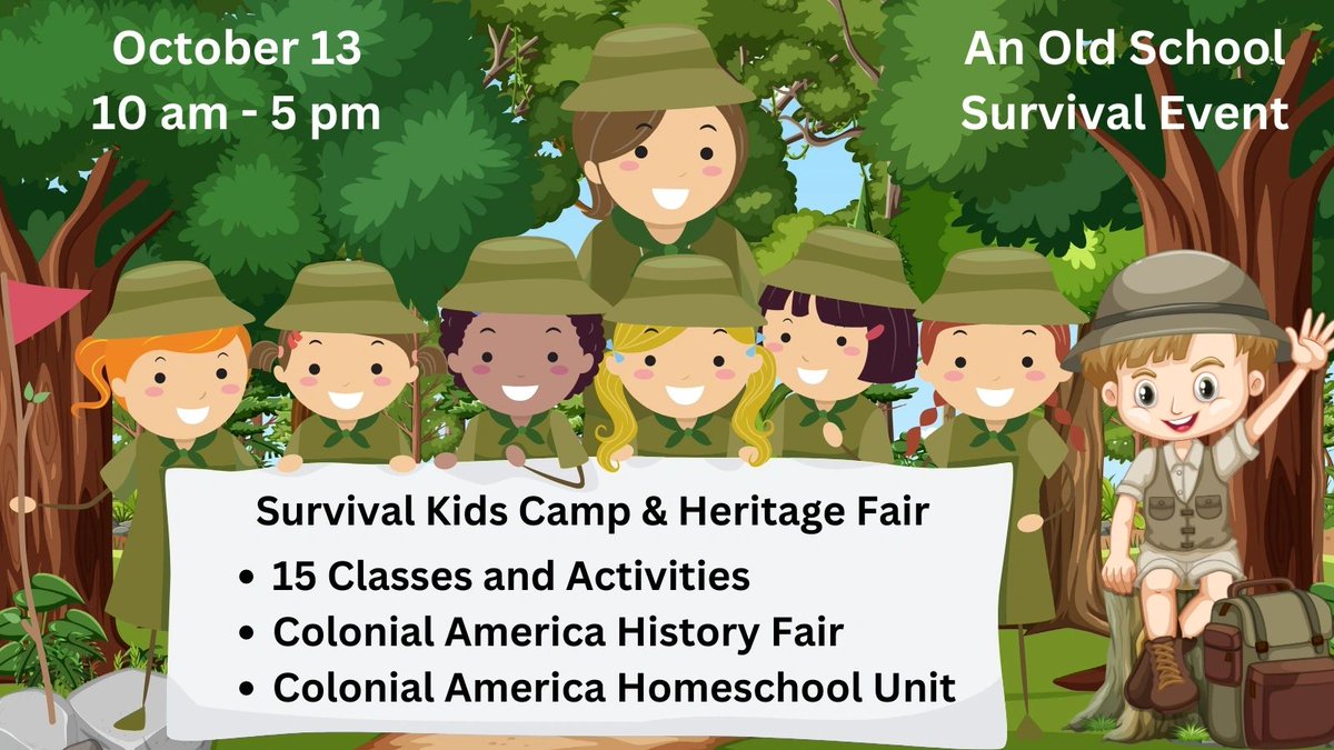 Survival Kids Camp And Heritage Fair !
15 Classes and Activities
History Fair
Colonial American Homeschool Unit
...And Lots Of Fun!
#survival #homesteading #homeschool #homeschooling #homeschoolevents
oldschoolsurvivalbootcamp.com/f/survival-kid…