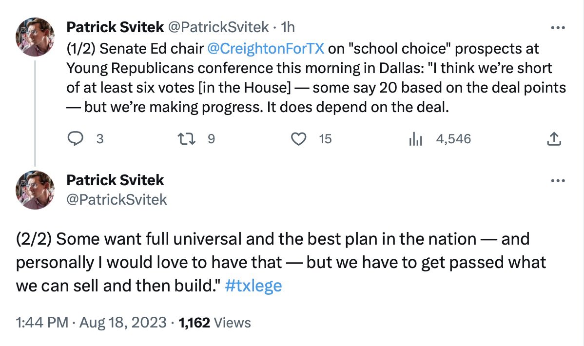They aren’t being secretive on what the strategy is for vouchers.

“We have to get passed what we can sell and then build”

Vouchers are core for today’s Republicans. All they want is their foot in the door.

If you don’t want vouchers, vote for Democrats.
#txed #txlege