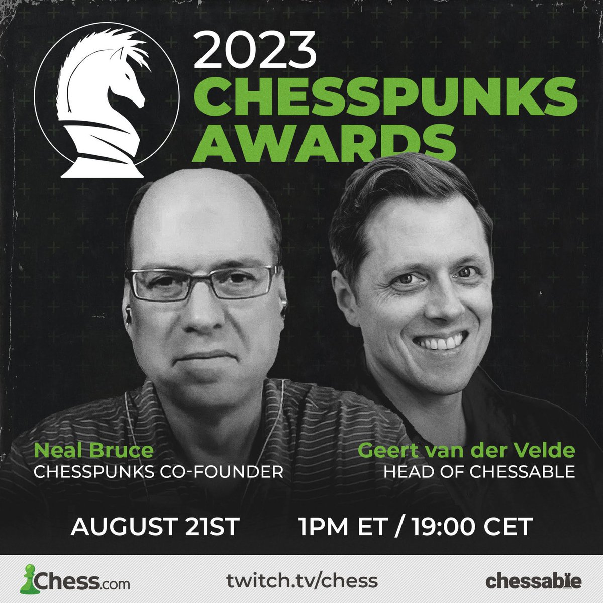 NealBruceBC's tweet image. UPDATE FOR MONDAY:

@chesscom upgraded our #chesspunks award show to their main channel on Monday. 🔥   

Still happening from 1-2 PM US Eastern Time

New link: twitch.tv/chess (main @chesscom channel)  

Please retweet. 🙏