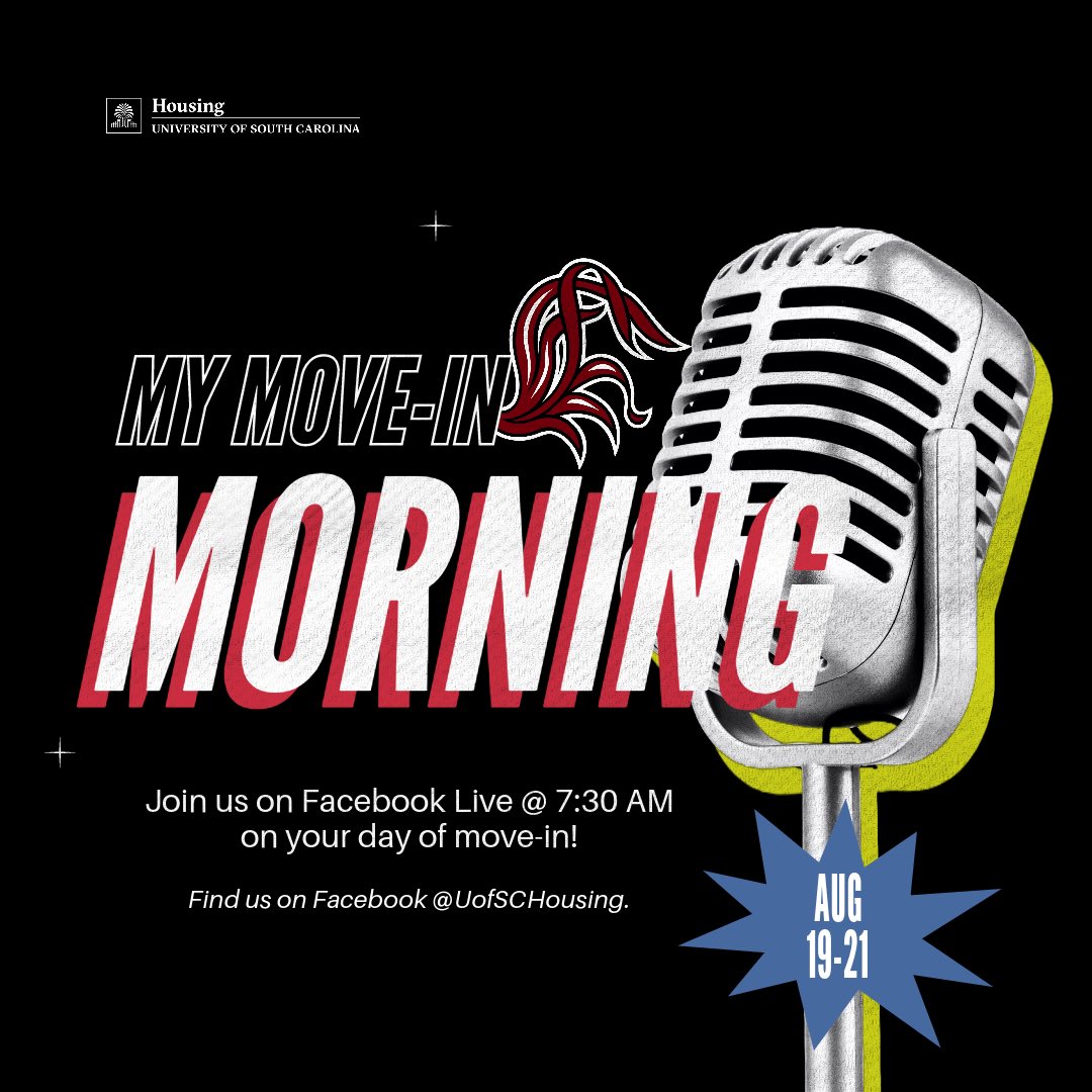 We’re back again with another live show! 

Join us for My Move-In Morning 🎙️

We will be live on Facebook every morning of move-in at 7:30 AM. We will be reporting the weather, traffic, and more to ensure a safe and smooth move-in day. 🐓📦

We look forward to seeing you soon! 🤙