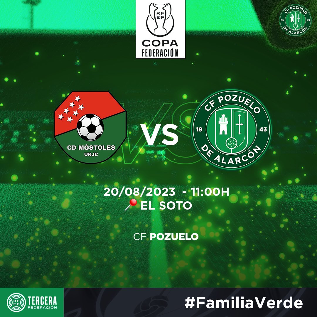 ⌚ HORARIO | <a href="/CDMostoles/">CD Móstoles URJC</a>  -  <a href="/Cfpozuelo/">CF Pozuelo</a> 

🏆 #CopaRFEF Fase Autonómica - Jornada 2
📅 Domingo 20 a las 11:00 h
🏟 El Soto

🟢⚪️ #FamiliaVerde