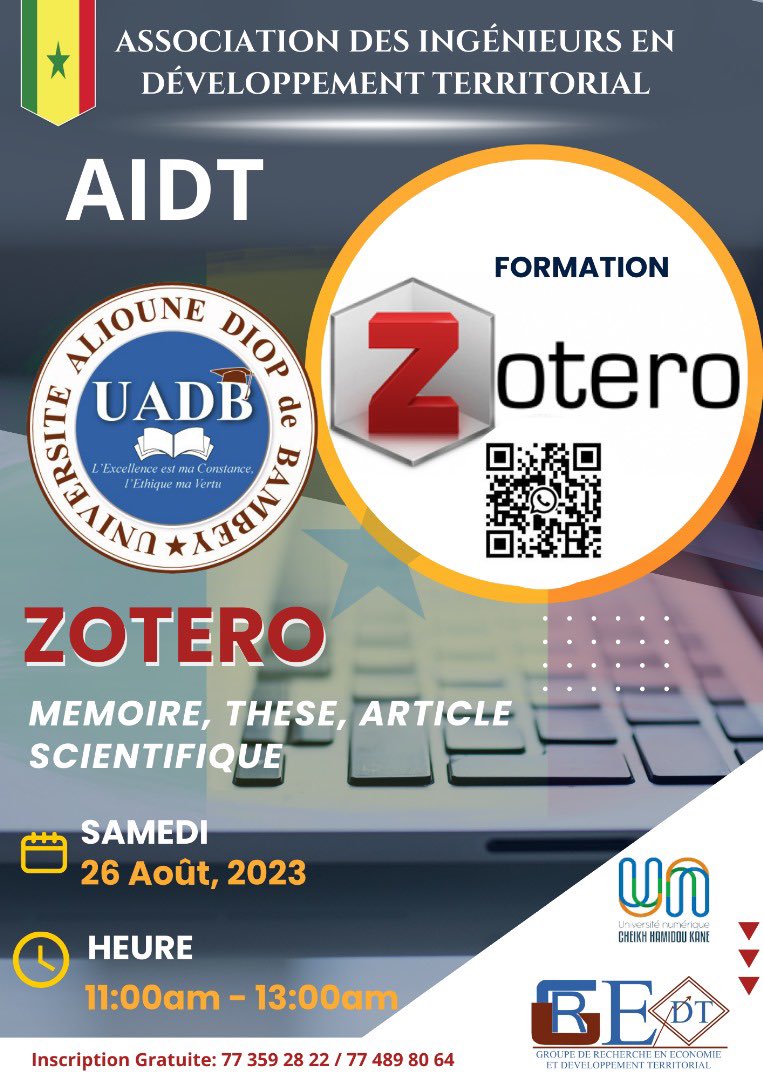 Diakitesn's tweet photo. Bonjour chers amis je vous partage le lien d’inscription pour la formation en ZOTERO qui se déroulera en ligne le Samedi prochain à 11h.

https://t.co/gcvlMCr1ZB

#Zotero 
#AIDT
@unchk_sn @UCAD_Senegal @UGBSN @MahtarMbow https://t.co/HRCrxNQxyJ