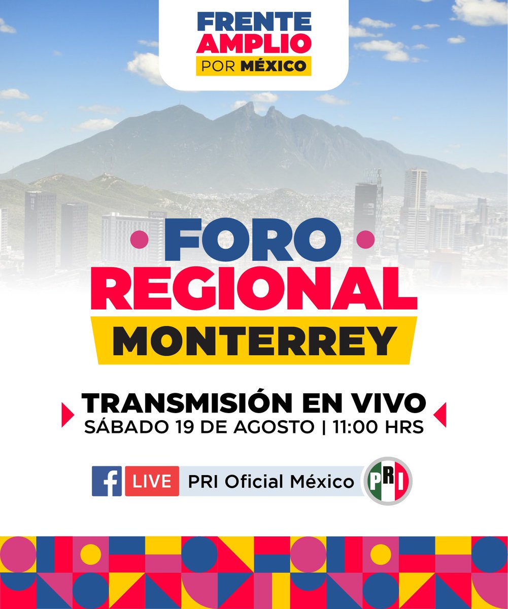 Mañana, a las once horas, te invitamos a seguir la transmisión en vivo del segundo foro regional del #FrenteAmplioPorMéxico, que tendrá como sede la ciudad de Monterrey, Nuevo León, en el que se abordará el tema "Un futuro viable para México".

▶️ facebook.com/prioficial/vid….