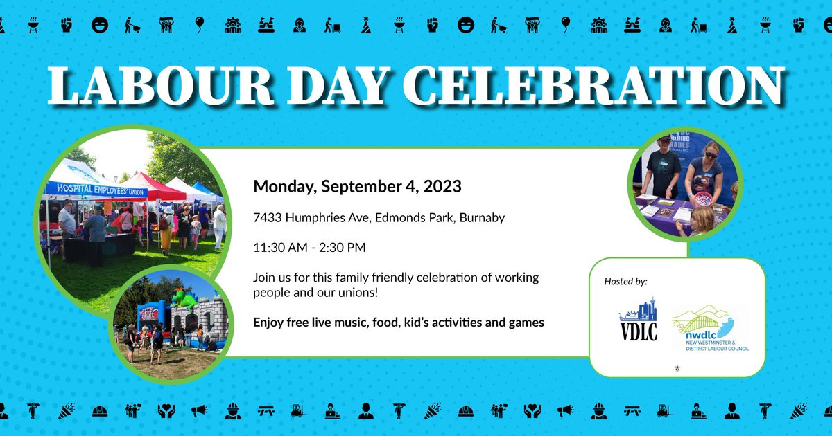 Join us for this family friendly celebration of working people and our unions!

Enjoy free live music, food, kid’s activities and games.

Monday, September 4th
11:30am to 2:30pm (opening &amp; speeches at 11:30am)
Edmonds Park, Burnaby
Hosted by the <a href="/nwdlc/">NWDLC</a> &amp; #VancouverDLC