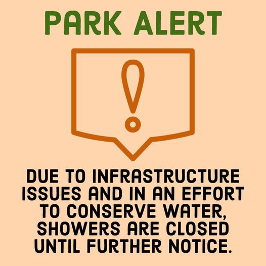 GuadRiverSP's tweet photo. ⚠️Park Alert⚠️
Effective as of August 18, 2023, to converse water during this exceptional drought, all showers will be closed until further notice. Please call our headquarters if you have any questions. Sorry for any inconvenience. https://t.co/vlGGALDrz2