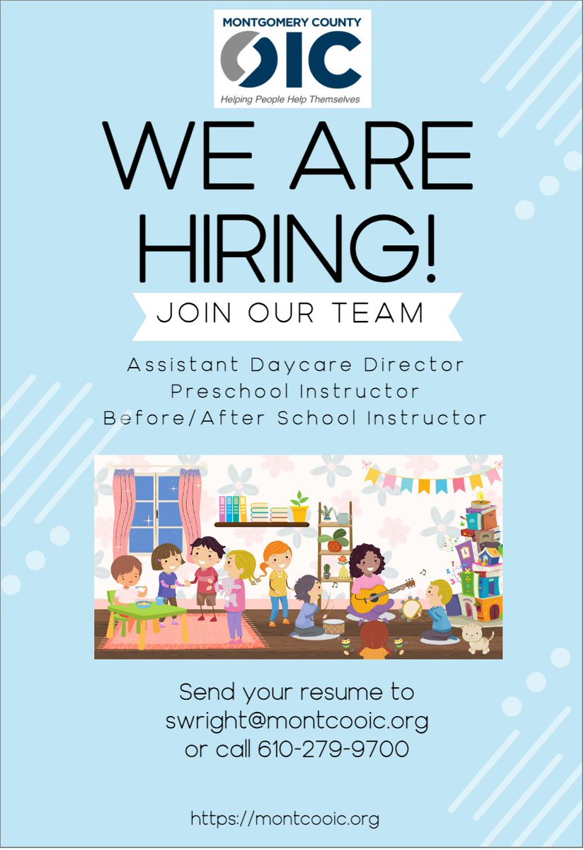 Join our team!
Positions available:
Assistant Daycare Director
Preschool Instructor
Before/After School Instructor

Call 610-279-9700 if interested.
#hiring #montcooic