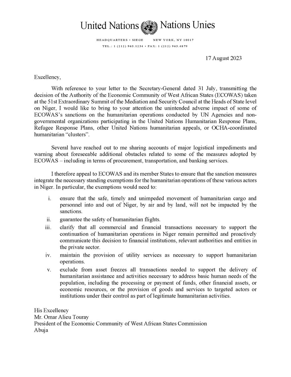 Les Nations-Unies appellent la #CEDEAO et ses Etats membres à assouplir leurs sanctions sur les populations nigériennes en leur demandant de prendre les dispositions pour s’assurer que le travail des acteurs humanitaires n’est pas entravé par les sanctions prononcées contre le