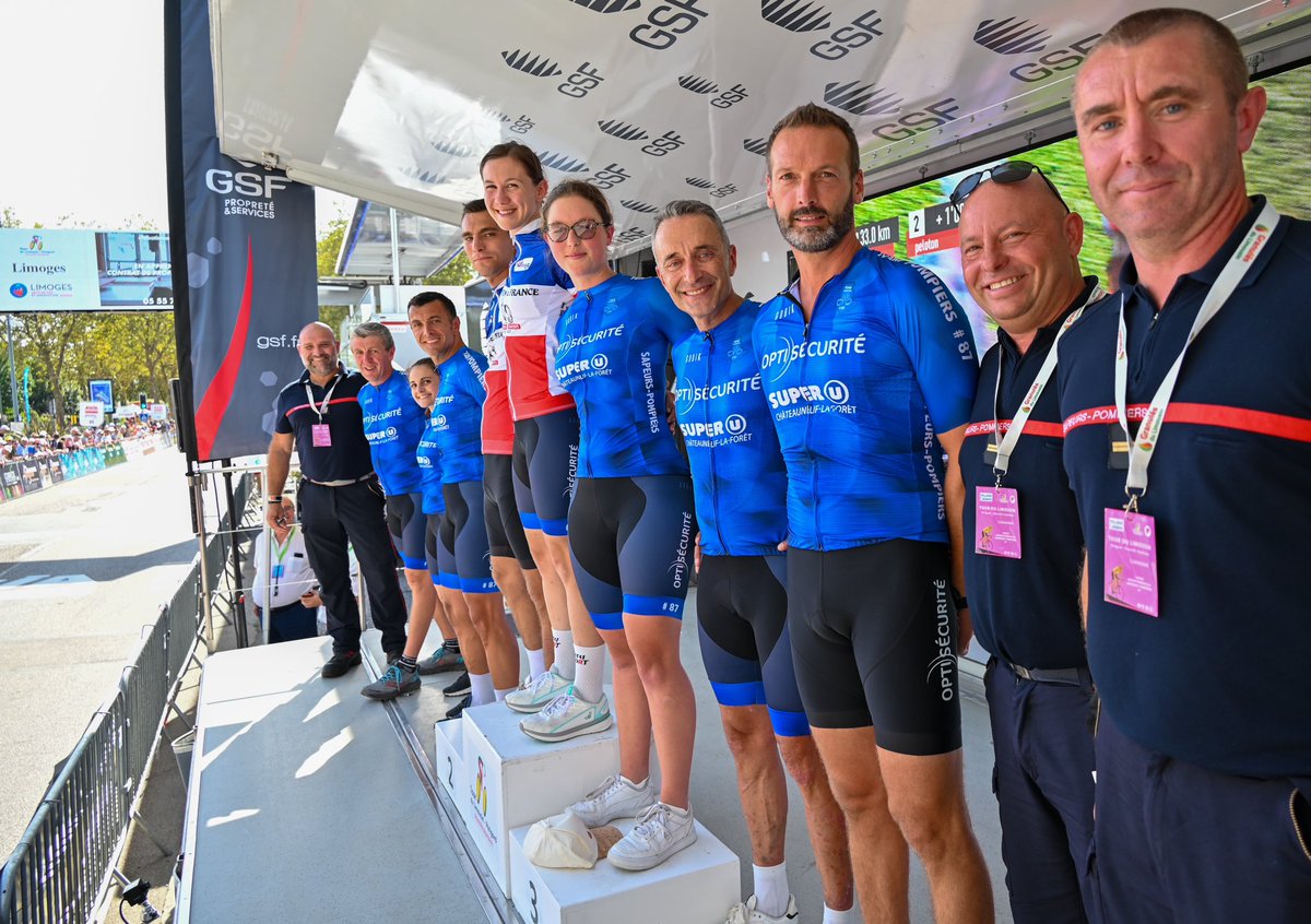 #TourDuLimousin  🚴🏻🚴‍♂️ : 
le #Sport est essentiel chez les sapeurs #pompiers 🧑🏻‍🚒🚒. 
Le tour du Limousin est l’occasion pour notre équipe cycliste départementale de la #HauteVienne d’arborer fièrement leur nouvelle tenue grâce à leurs #sponsors 
Merci à  <a href="/Udsp87/">UDSP 87</a> et <a href="/PompiersFR/">Pompiers de France</a> 🙏👍