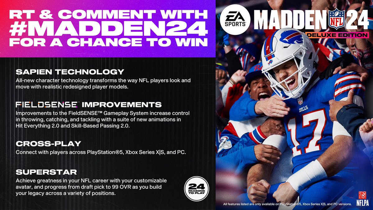 Henry773_'s tweet photo. I've got some Madden 24 deluxe game codes to giveaway! Who needs one? 👀

I have PlayStation, Xbox, and PC codes

👉 RT &amp; Comment #Madden24 to win https://t.co/SkPZxnQUlD