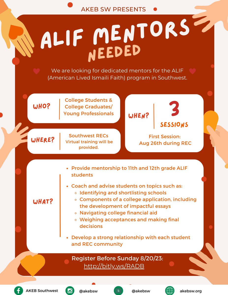 akebsw's tweet photo. ATTN College Students, Graduates and Young Professionals!  We are looking for dedicated mentors for the ALIF program in Southwest. 

We will conduct 3 sessions and the First one is on 8/26/23.  

Register Before Sunday 8/20/23 to Make a Difference! https://t.co/V5pSePux49 https://t.co/W6AfQM6zXI