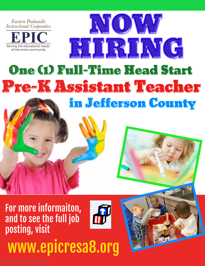 EasternEpic's tweet photo. EPIC is hiring  3 Full-Time positions for our Head Start program - 1 FT PK Teacher and 1 PK Assistant Teacher in Jefferson County at TA Lowery and 1 Site Support Staff member in Berkeley County at our Berkeley Heights location! For more information visit https://t.co/zfKOBoaOMU https://t.co/xKzNmvzeSR