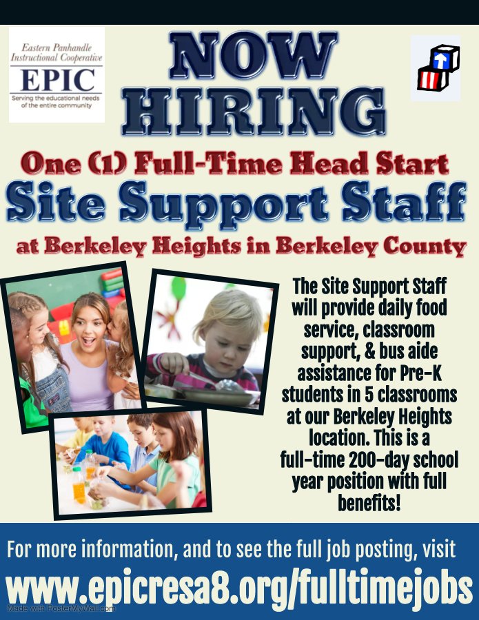 EasternEpic's tweet photo. EPIC is hiring  3 Full-Time positions for our Head Start program - 1 FT PK Teacher and 1 PK Assistant Teacher in Jefferson County at TA Lowery and 1 Site Support Staff member in Berkeley County at our Berkeley Heights location! For more information visit https://t.co/zfKOBoaOMU https://t.co/xKzNmvzeSR