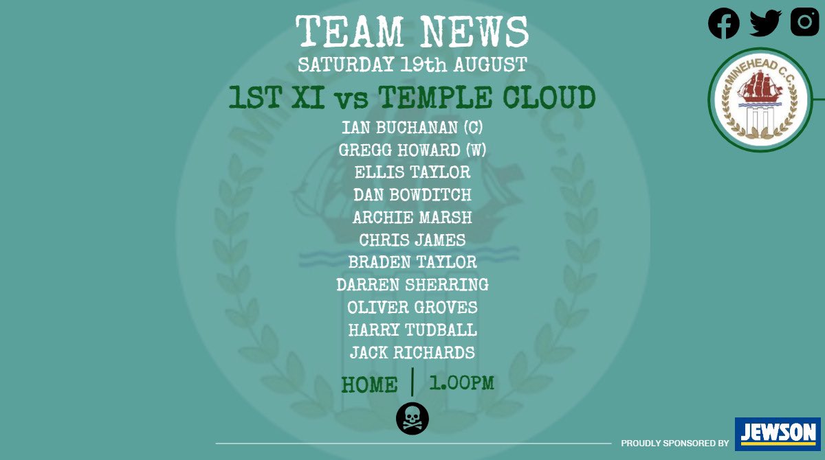 MineheadCricket's tweet photo. 🚨🏏 LINE-UPS 🏏🚨

📆 Saturday 19th August

1️⃣st XI HOME🆚Temple Cloud🏛️☁️
⏰ 1.00pm

2️⃣nd XI AWAY 🆚 Churchill 🎩
⏰ 1.30pm

🅰️ XI HOME 🆚 Roadwater 2 🛣️💦
⏰ 2.00pm

🍺 Bar open all afternoon ☀️

#UTP🏴‍☠️ https://t.co/O8rhvVvUzK