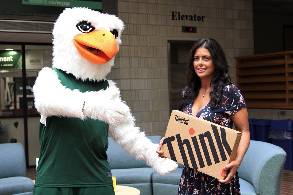 Incoming Paralegal &amp; Legal Studies student Lisa Correia stopped by the Fall River Campus to meet Victory the Bayhawk and pick up the laptop she won at Bristol’s College Night on August 7. Congratulations and welcome to Bristol, Lisa!