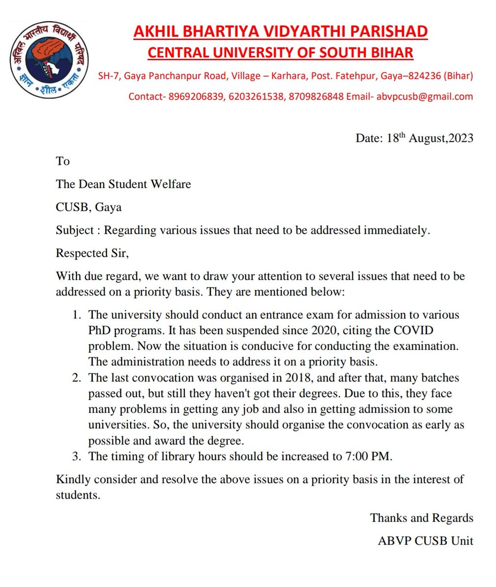 AbvpCusb's tweet photo. Regarding PhD entrance exam, convocation and extension of library timing.

@ABVPVoice https://t.co/Q00QQ6IExF