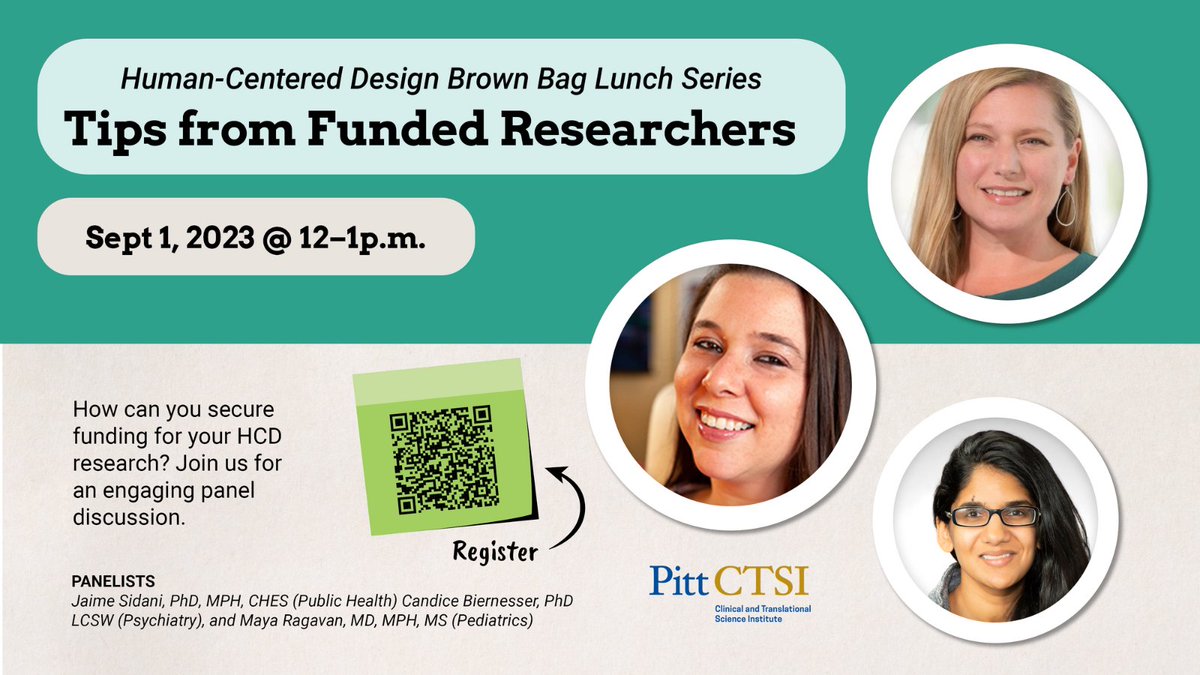PittICRE's tweet photo. September's @PittCTSI #HCD Brown Bag Lunch series will be here before you know it! During this panel session, you'll hear from @jaimesidani, @CandiceBiernes1, & @MIRagavan how to secure funding for your #HCDResearch 💲
Register today!
https://t.co/o0TvcwYYze https://t.co/RDvmfMY6EE