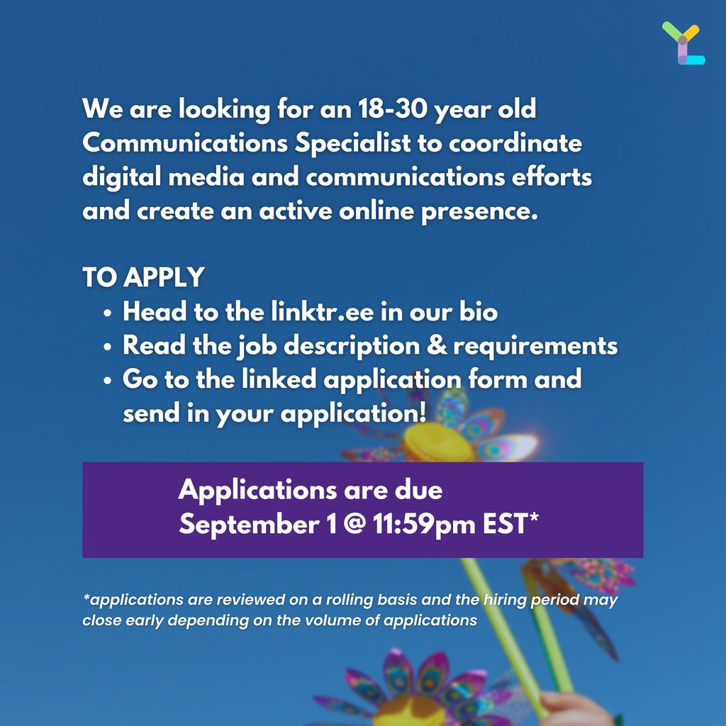 ✨ NOW HIRING: Communications Specialist ✨ We're looking for an 18-30 year old Communications Specialist to coordinate digital media and communications efforts. Read the full description for more details and apply by 11:59 EST on September 1* at tinyurl.com/yclcomms