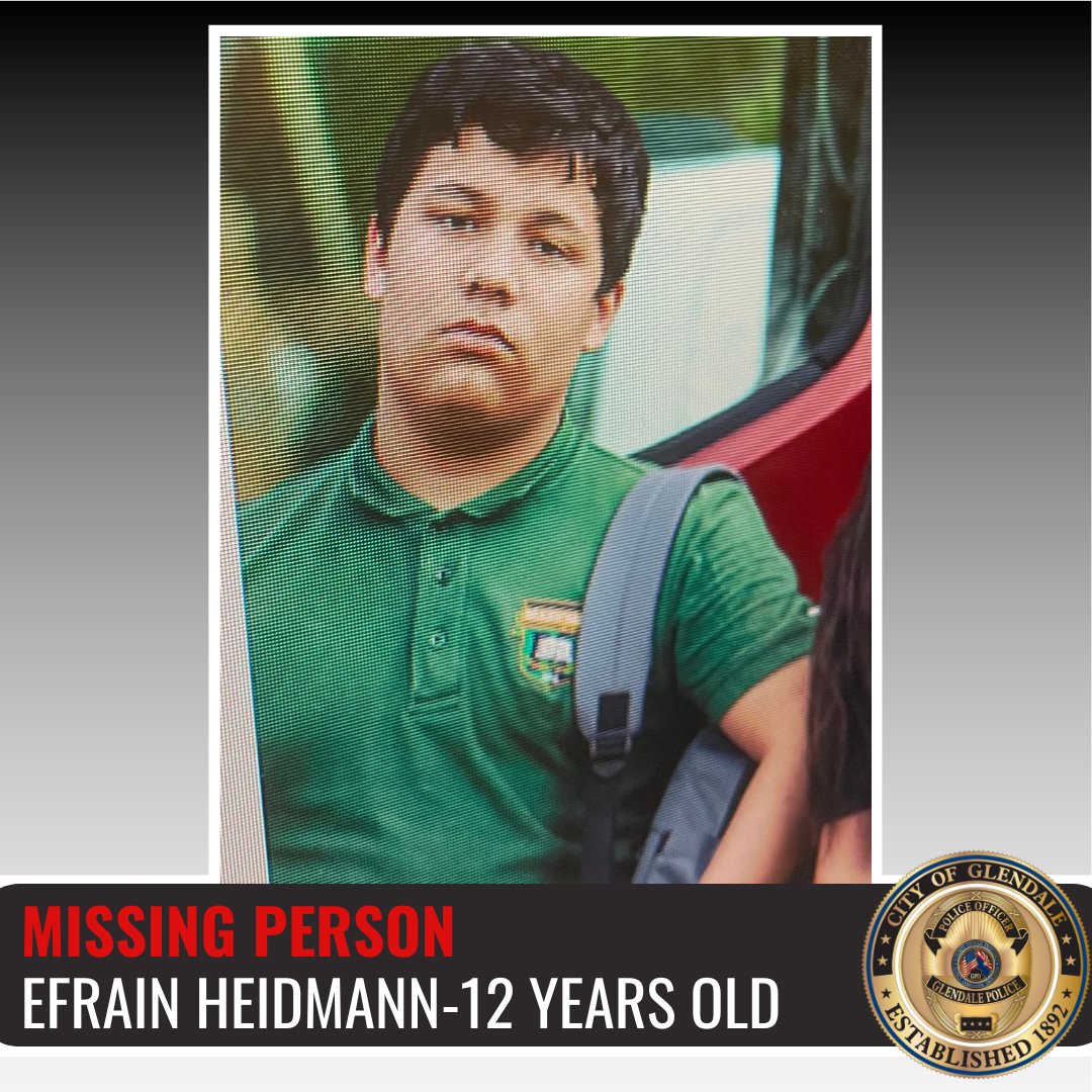 MISSING PERSON: Efrain Heidmann, 12-years-old

Last seen near 5200 N 69th Ave at 10 AM. Efrain has diagnoses which require daily medication.

Hispanic male, 5'5", 150lbs, brn hair, brn eyes

Last Seen Wearing: Red t-shirt, dark basketball shorts.

Contact 623-930-3000 w/ info.
