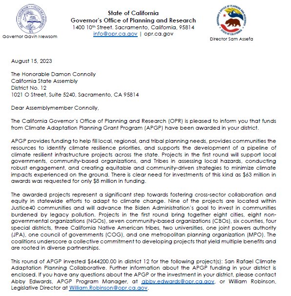 Great news! The Adaptation Planning Grant Program @Cal_OPR awarded almost $645K for the San Rafael Climate Adaptation Collaborative. The funds will create solutions to increase climate resiliency with @canalalliance, UC Berkeley, Multicultural Marin, & local Public Works.