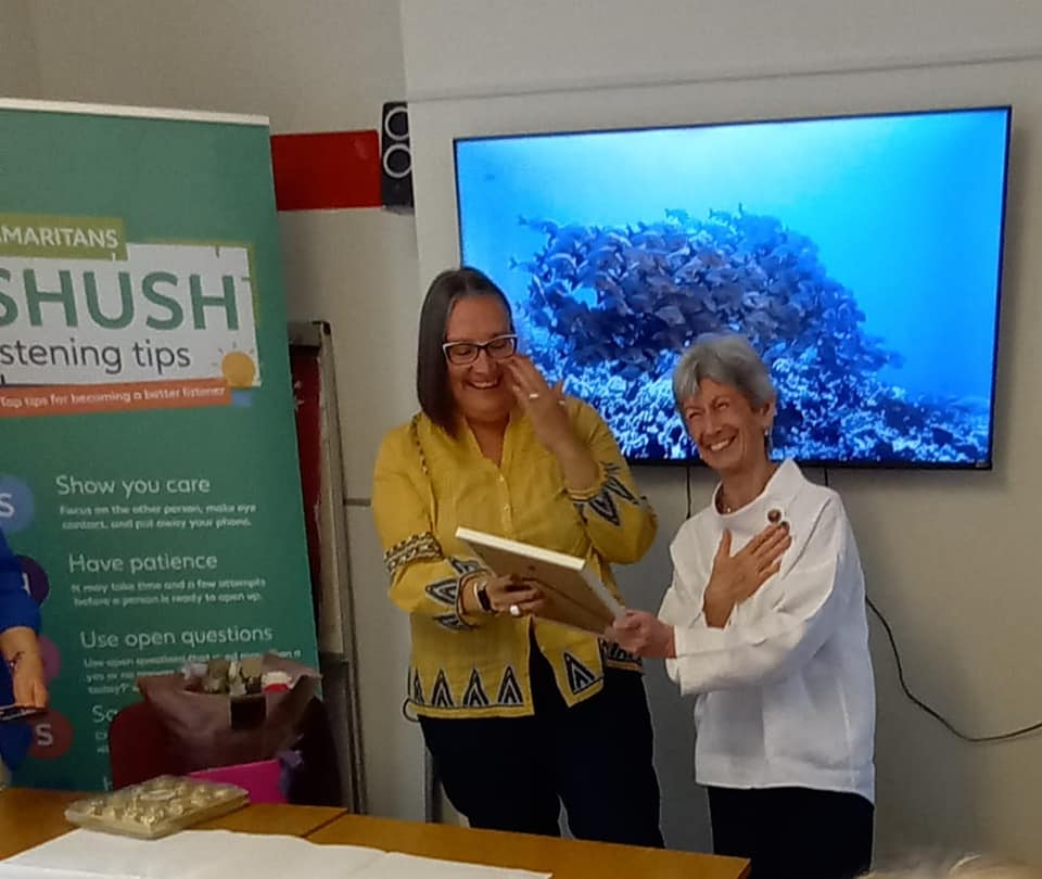 While @juliebentley popped in to visit us, we used the opportunity to celebrate an amazing 47 years of service of our much loved volunteer Margaret. Thanks for everything you do for us & our callers & here's to many more years to come 💚 #celebration #longservice #volunteersrock