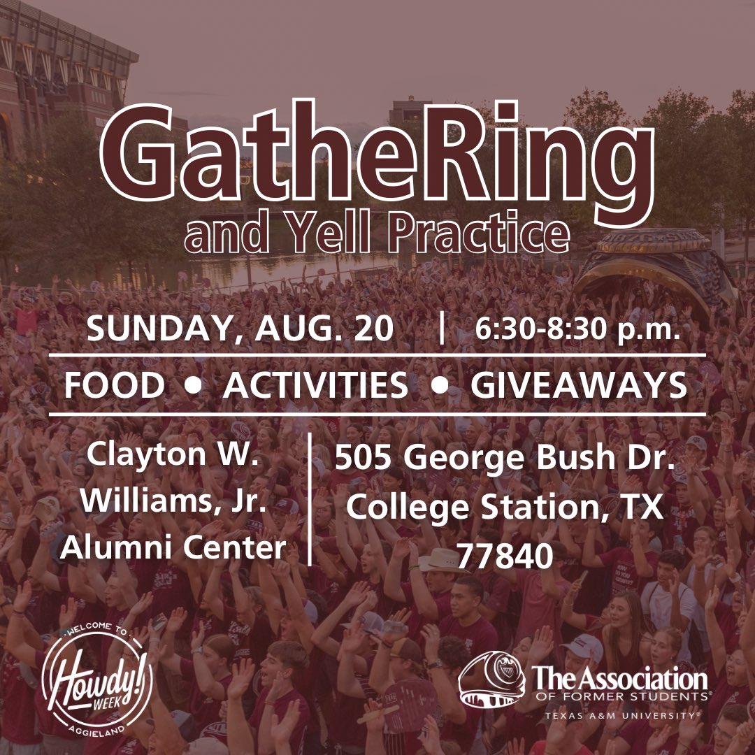 Howdy, Class of ’27! Join fellow Aggies for this free event featuring food, activities and the first official yell practice of the year! Organized by @AggieNetwork and sponsored by @DippinDots , @SlovacekSausage and @BrookshireBros, learn more at tx.ag/GatheRing.