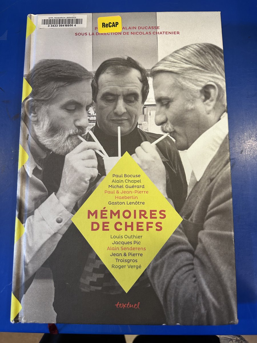 NYPLHumanities's tweet photo. On the hold shelf: Mémoires de chefs : Paul Bocuse, Alain Chapel, Michel Guérard, Paul &amp; Jean-Pierre Haeberlin, Gaston Lenôtre, Louis Outhier, Jacques Pic, Alain Senderens, Jean &amp; Pierre Troisgros, Roger Vergé

Call Number📚ReCAP 12-53042

https://t.co/V46IGYTUNN https://t.co/9LILASHW3K