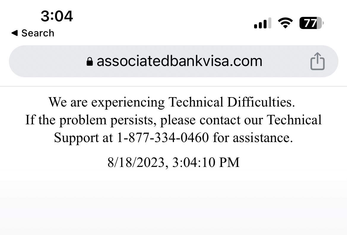 KarissaAHansen's tweet photo. @AssociatedBank I cannot access the credit card portion of my account via digital banking please help. Have tried from the browser and app but get this error each time https://t.co/qHUXaXTkdd