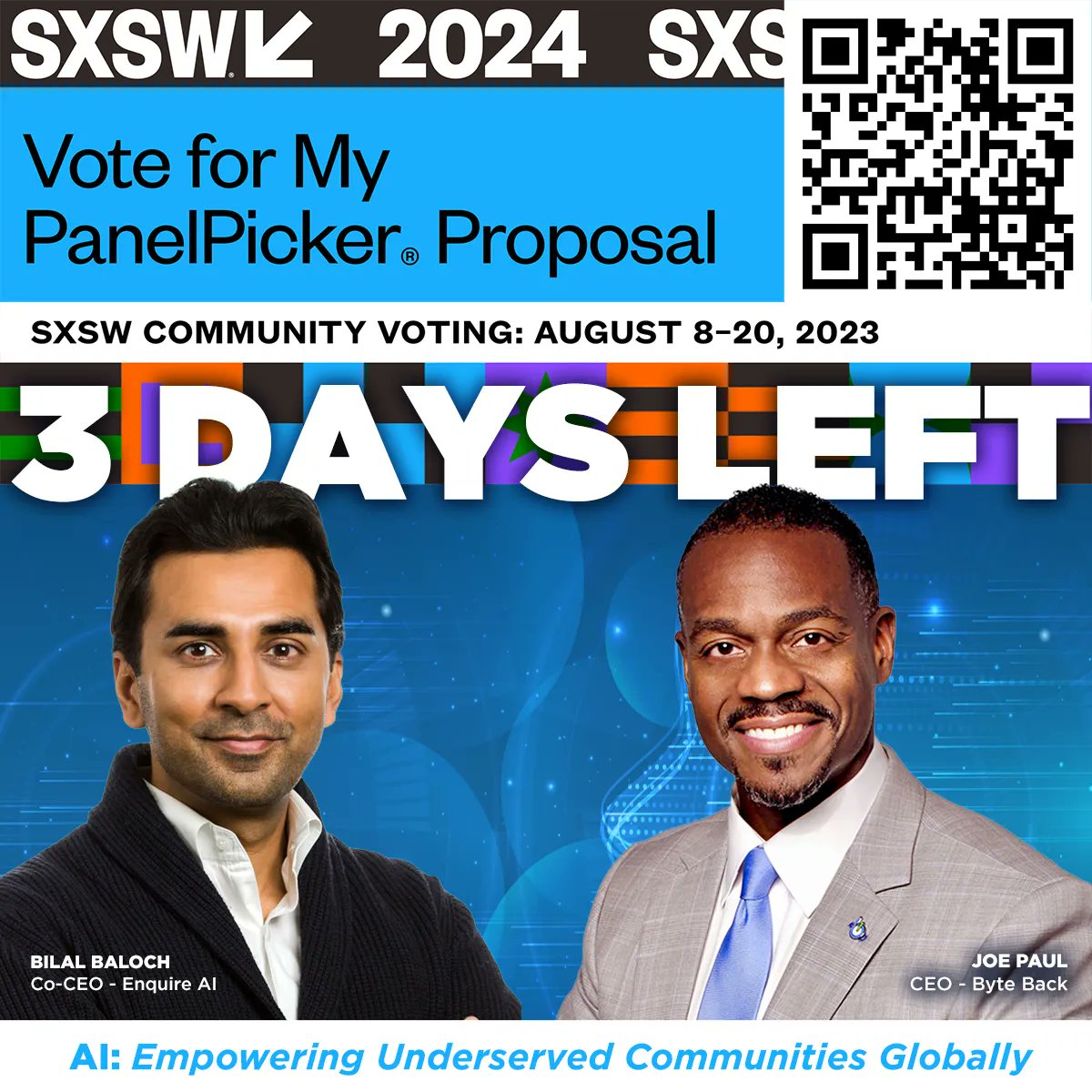 We_ByteBack's tweet photo. 🗳️ ONLY 3 DAYS LEFT for you to Support our panel at #SXSW2024! We're all about empowering underserved communities through digital skills. Your vote can make a difference. Cast your vote here: https://t.co/RkFvrLM4JN  #DigitalEmpowerment #VoteForChange #WeByteBack #AI #NonProfit https://t.co/2U8haakyrK
