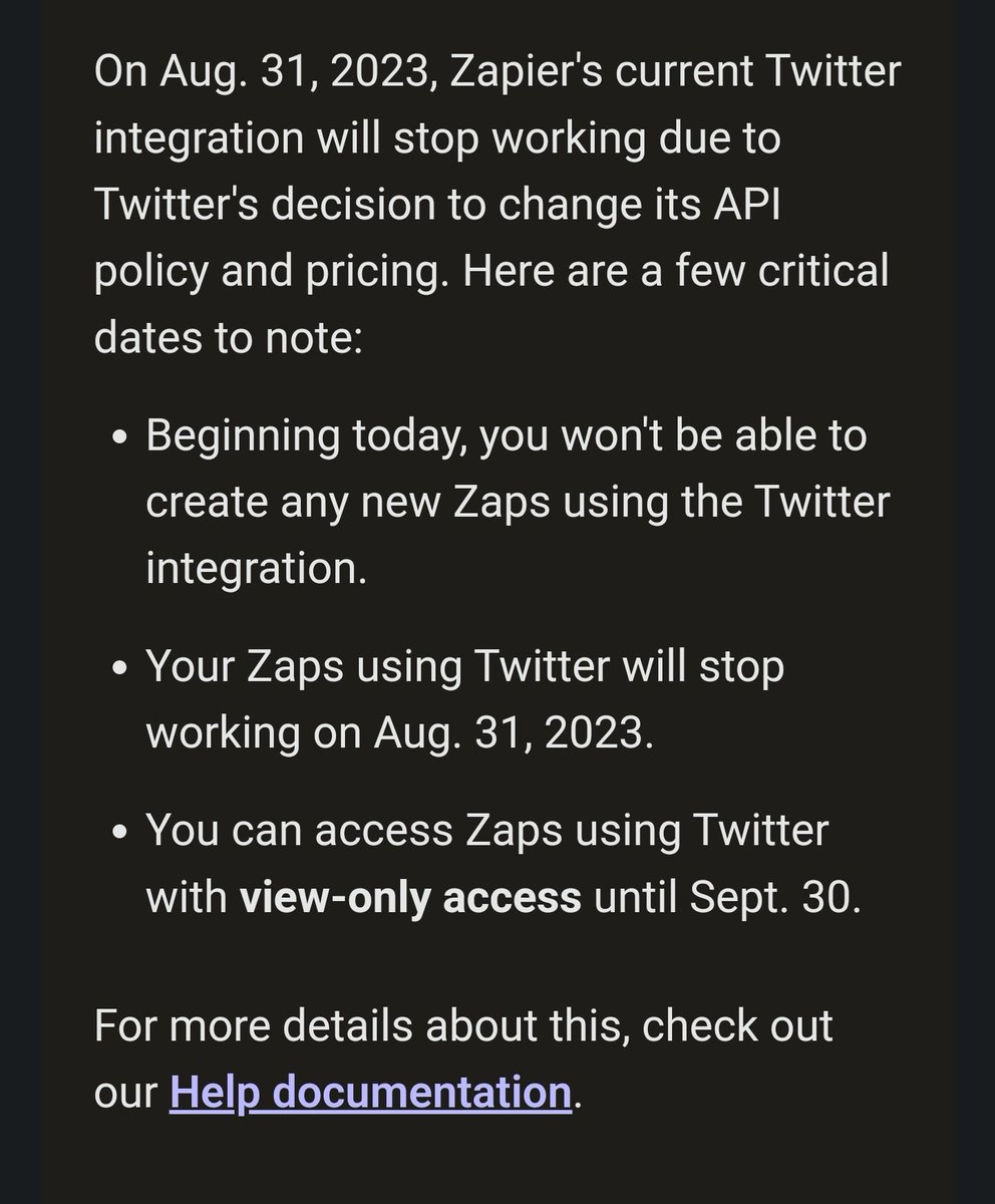 lordzarcon's tweet photo. Bad news... Zapier's current Twitter integration will stop working due to Twitter's decision to change its API policy and pricing.

@zapier @X https://t.co/cvjK6Khmmh