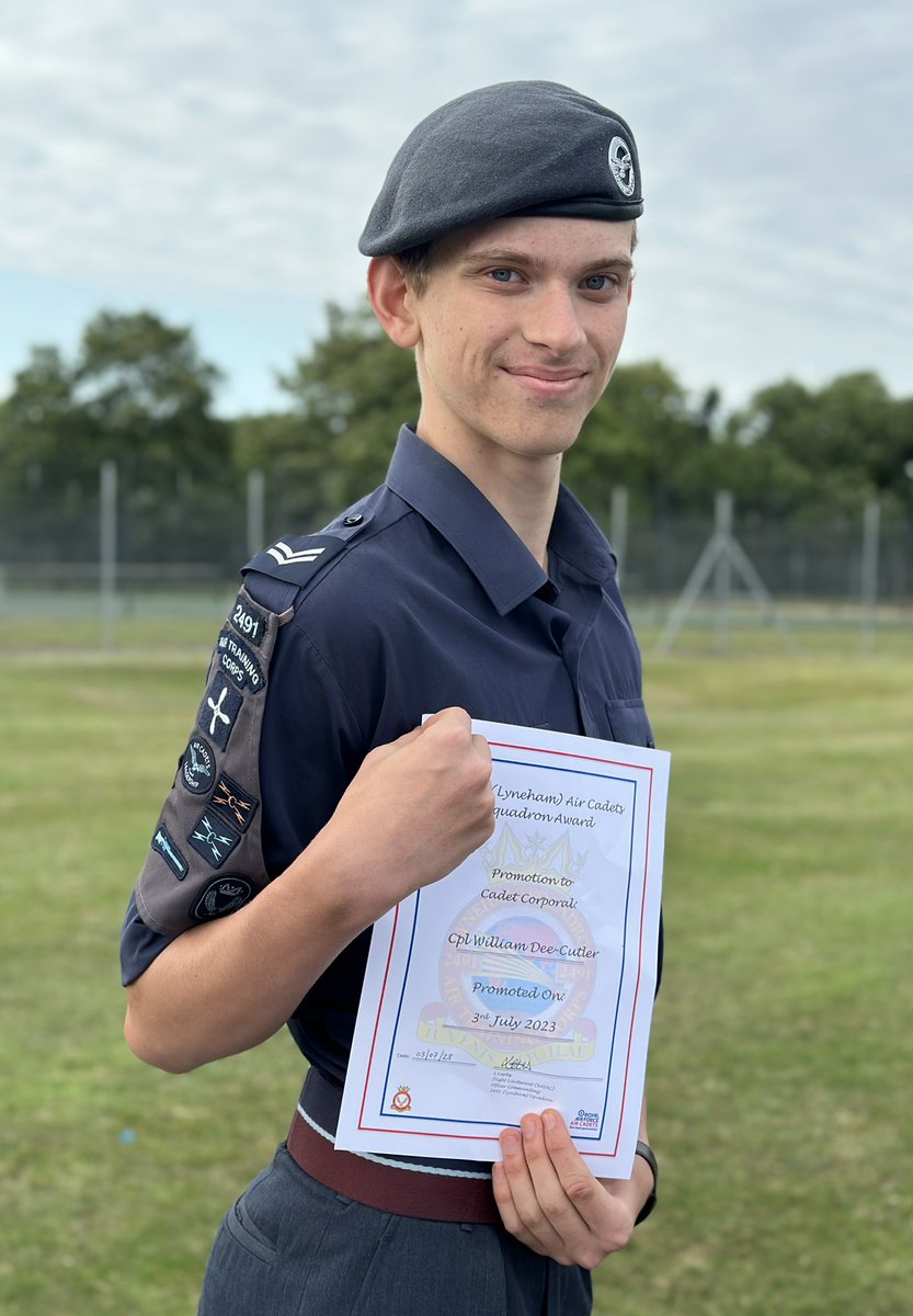 2491 (Lyneham) Squadron ATC (@2491atc) on Twitter photo Based on his continuous commitment, dedication, positive attitude, along with many other contributing factors, we recently promoted Cdt Dee-Cutler to Cpl!
<a href="/aircadets/">RAF Air Cadets</a>
<a href="/DWWaircadets/">Dorset Wiltshire Wing Air Cadets</a>
<a href="/ComdtAC/">Commandant RAF Air Cadets</a>
<a href="/SWRegionRAFAC/">South West Region RAFAC</a>
<a href="/WingDorset/">Wing Warrant Officer Dorset Wiltshire Wing</a>
#WhatWeDo
#NextGeneration
#NoOrdinaryHobby
#ReachingForTheStars Based on his continuous commitment, dedication, positive attitude, along with many other contributing factors, we recently promoted Cdt Dee-Cutler to Cpl!
<a href="/aircadets/">RAF Air Cadets</a>
<a href="/DWWaircadets/">Dorset Wiltshire Wing Air Cadets</a>
<a href="/ComdtAC/">Commandant RAF Air Cadets</a>
<a href="/SWRegionRAFAC/">South West Region RAFAC</a>
<a href="/WingDorset/">Wing Warrant Officer Dorset Wiltshire Wing</a>
#WhatWeDo
#NextGeneration
#NoOrdinaryHobby
#ReachingForTheStars