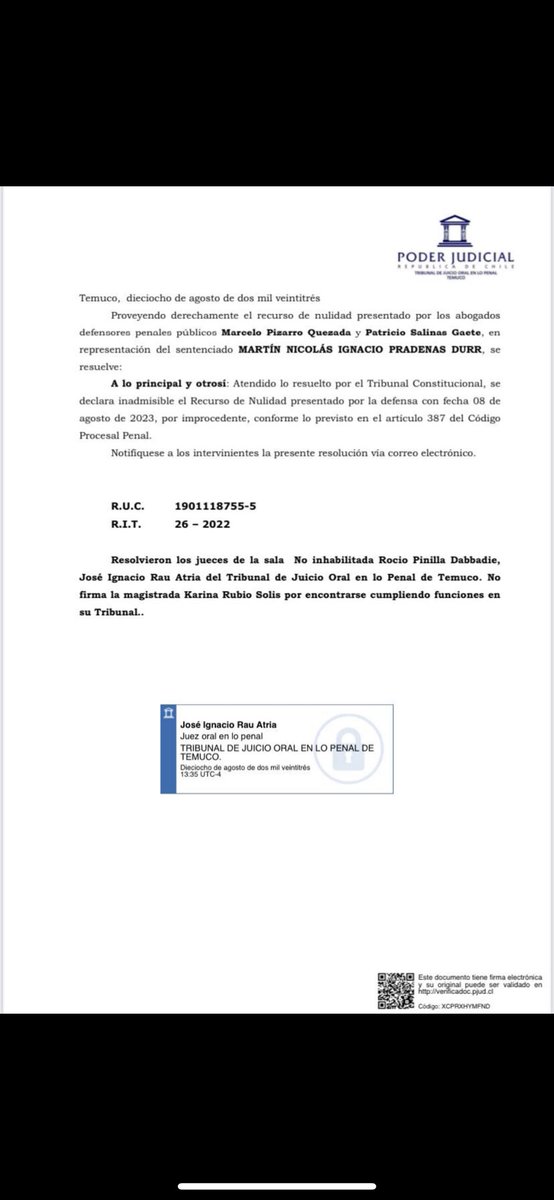Ya es definitivo. Se acabó el proceso judicial y los reclamos de Martín Pradenas. La defensa ha sido notificada.