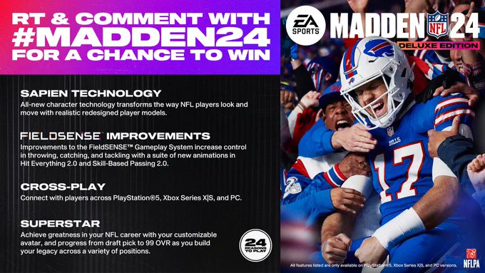Dcroft's tweet photo. Have some copies of #Madden24 to giveaway! 
Retweet and Comment #Madden24 to enter! https://t.co/G67FwLAjTe