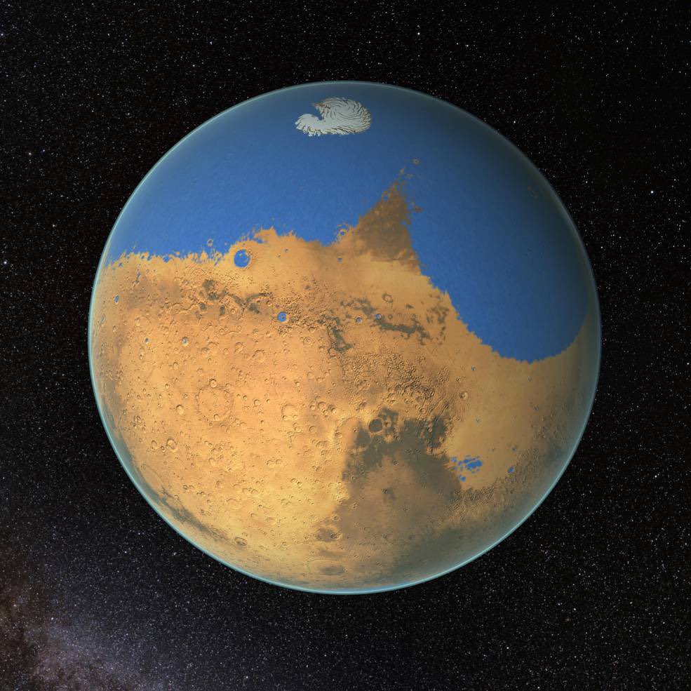 scienceworld224's tweet photo. About 4.3 billion years ago, Mars may have had enough water to cover its entire surface in a liquid layer about 450 feet deep

credit: NASA/GSFC https://t.co/hQHI5QZ7x8