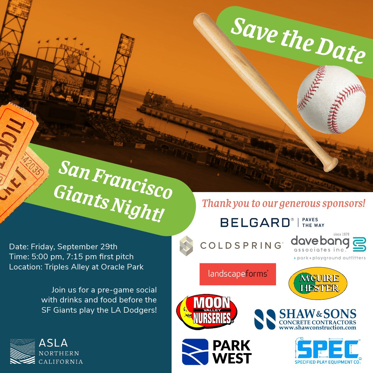 ASLANorCal's tweet image. ASLA-NCC invites you to our annual SF Giants Night as the Orange and Black take on the Los Angeles Dodgers. Come out to root for the home team and connect with your landscape colleagues!

Your ticket includes a pregame meal and beverages. Get more info: asla-ncc.org/event/asla-ncc…!