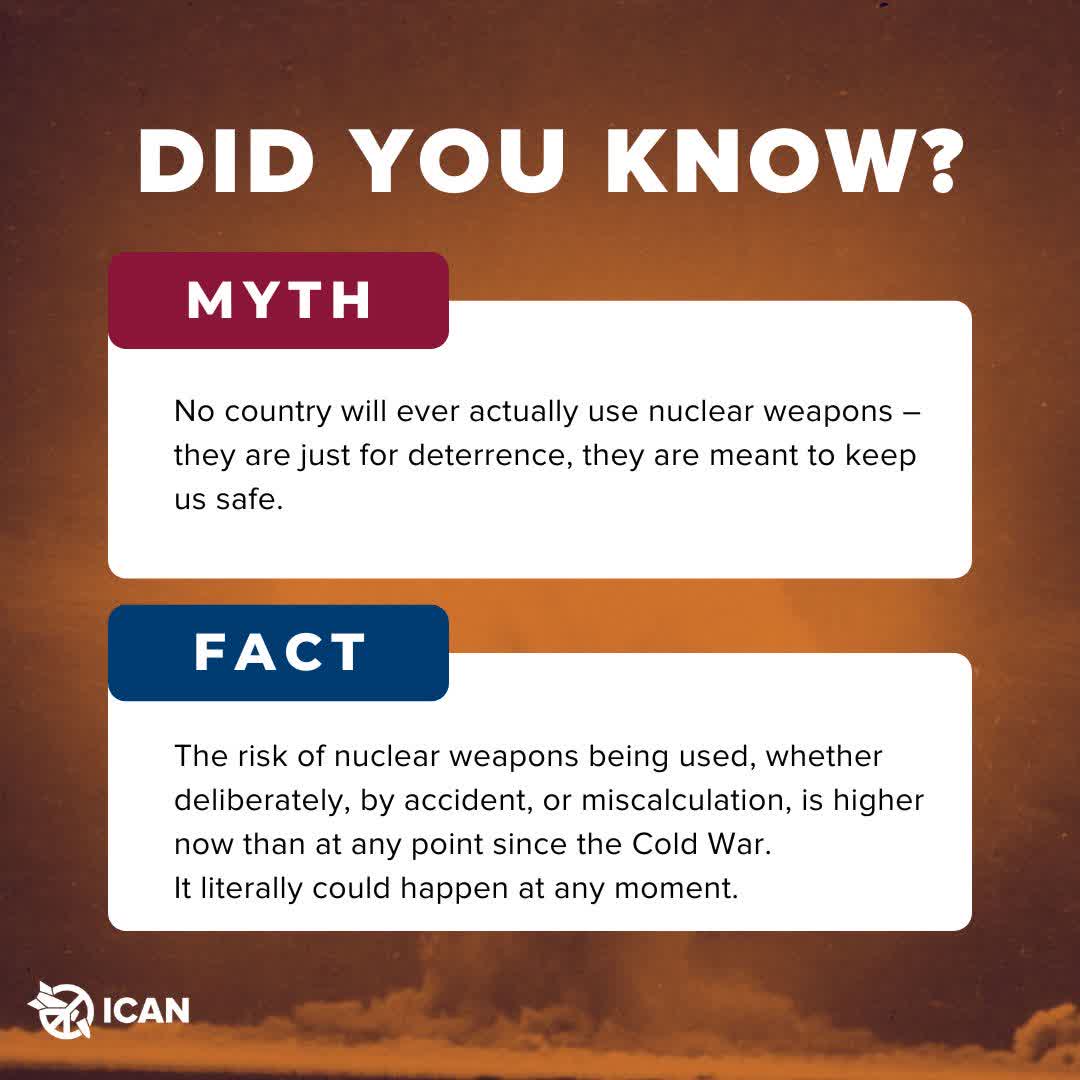 #NuclearbanFactCheck🧐 As long as nuclear weapons exist, so does the risk of their use. That is why we are working towards a nuclear-weapons-free world. Join us here to take action today: icanw.org/take_action_now
