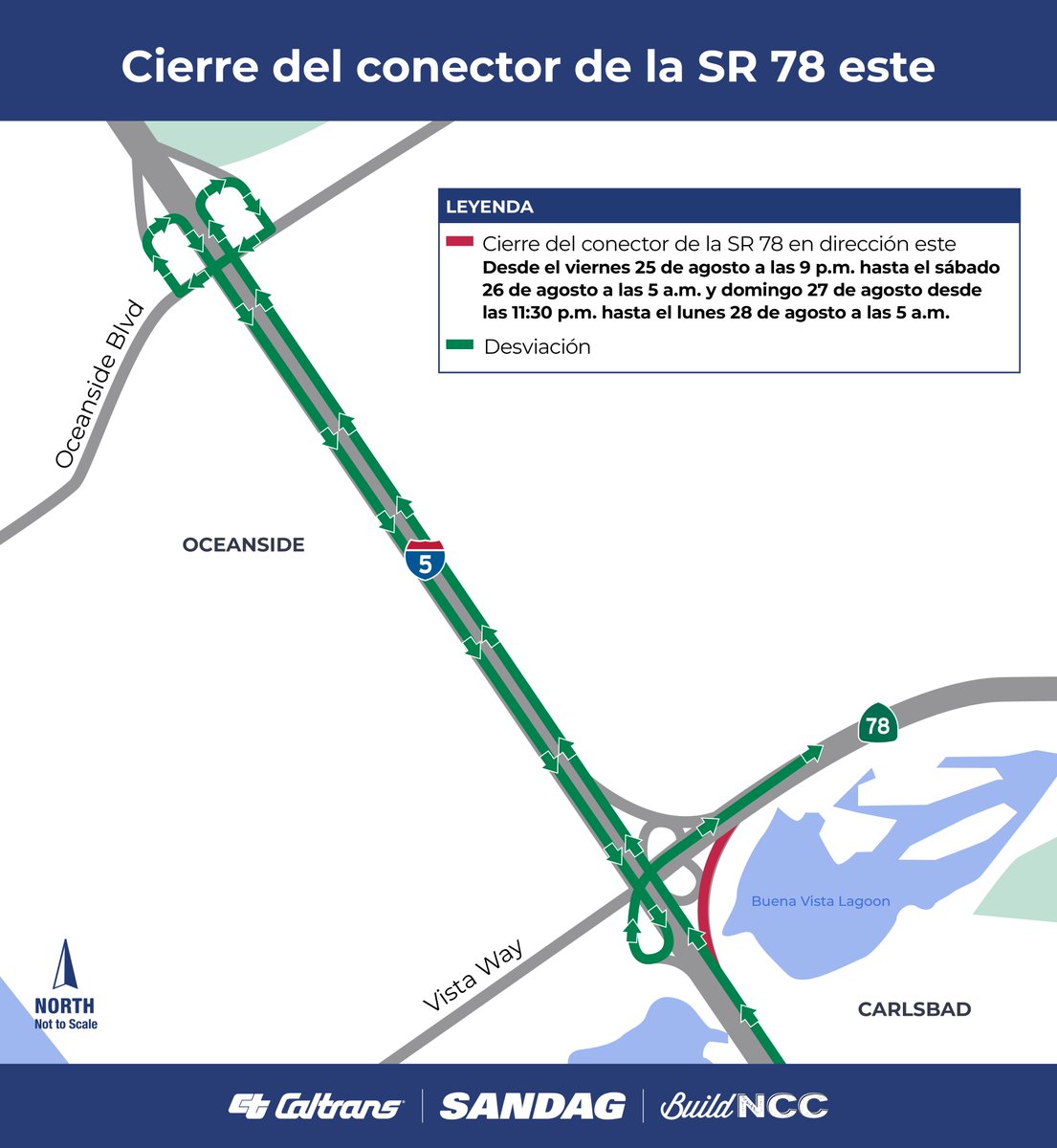 SDCaltrans's tweet photo. ๐ง Caltrans y @SANDAG #BuildNCC cerrarรกn la rampa Las Flores/I-5 norte del 25/8 a las 9pm-5am el 28/8, en @CarlsbadCAGov. Tambiรฉn se cerrarรก el conector a la SR 78 este desde la I-5 del 25/8 a las 9pm-5am el 26/8; y del 27/8 a las 9pm-5am el 28/8 https://t.co/i0bSwYFsMw