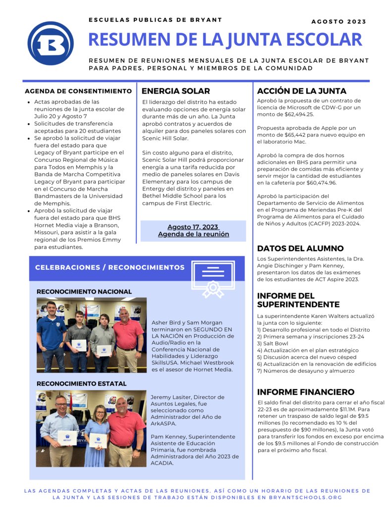 The Bryant School Board meets monthly. We hope this meeting summary will provide patrons with user-friendly information about decisions being made at school board meetings.
 Links to the August 2023 meeting recap:
English: 5il.co/22m2f
Spanish: 5il.co/22m29