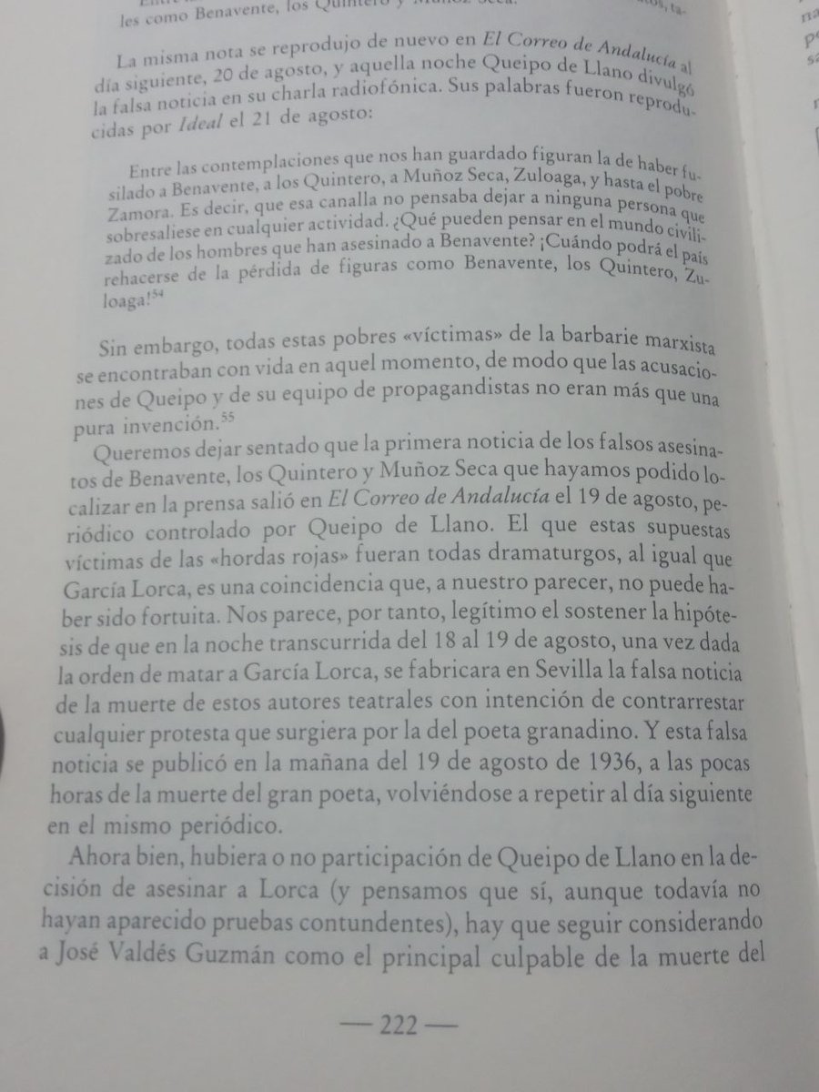 literatos como Benavente, los Quintero y Muñoz Seca' (lo que era falso, aunque meses después Muñoz Seca sí sería asesinado)
#QueipodeLlano divulgó la falsa noticia, replicando las notas de prensa, en la charla radiofónica (habitual) de la noche del 20 de agosto, reproducida en el