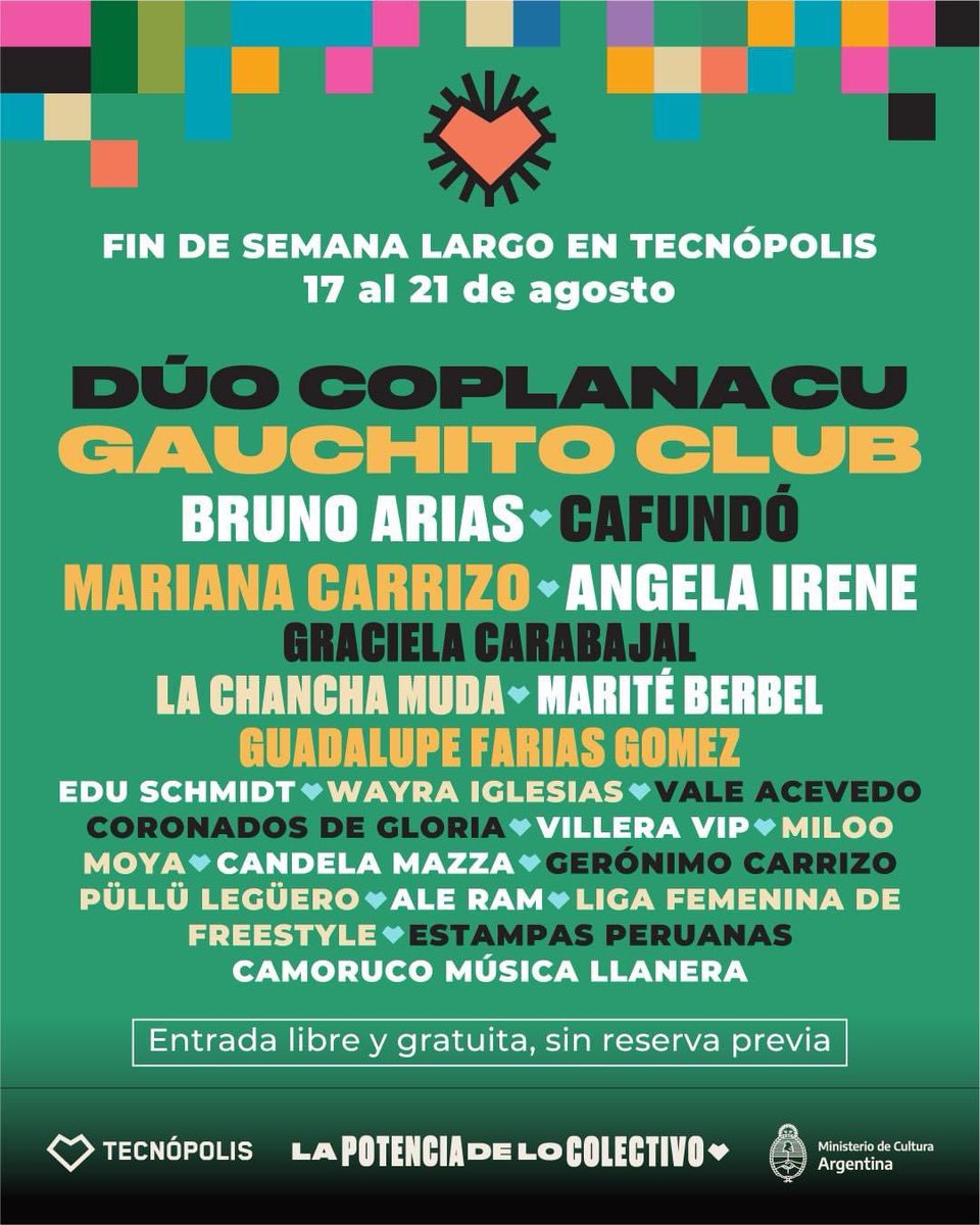 Mariana Carrizo (@marianacoplera) on Twitter photo Atención, Buenos Aires!
Este lunes 21 de agosto en <a href="/TecnopolisArg/">Tecnópolis</a>, en el #FestivaldeFolklore ❤️ Seremos muchos artistas de todo el país. Desde las 15 hs. en el Microestadio, con entrada libre y gratuita para toda la familia.
Nos vemos ahí? Te espero! Atención, Buenos Aires!
Este lunes 21 de agosto en <a href="/TecnopolisArg/">Tecnópolis</a>, en el #FestivaldeFolklore ❤️ Seremos muchos artistas de todo el país. Desde las 15 hs. en el Microestadio, con entrada libre y gratuita para toda la familia.
Nos vemos ahí? Te espero!