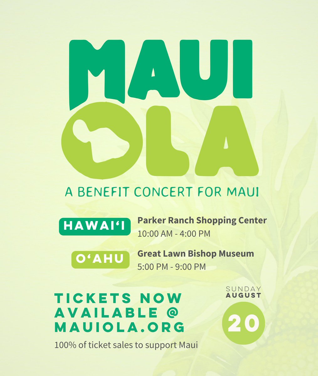 (1/2) Join us this Sunday, Aug. 20 for "Maui Ola: A Benefit Concert for Maui." Amid the devastating wildfires in West Maui, Hawaiʻi will be coming together to help our impacted communities: MauiOla.org. 

#MauiOla #LahainaStrong #MauiStrong