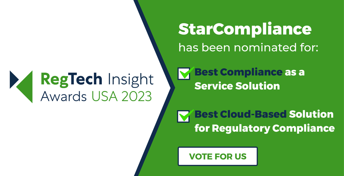 We’re excited to announce that <a href="/StarCompliance/">StarCompliance</a> has been nominated for Best Compliance as a Service Solution &amp; Best Cloud-Based Solution for RegulatoryCompliance in the <a href="/RegTechInsight/">RegTech Insight</a> USA Awards! Please show your support &amp; vote: ow.ly/EhK750PAYMU