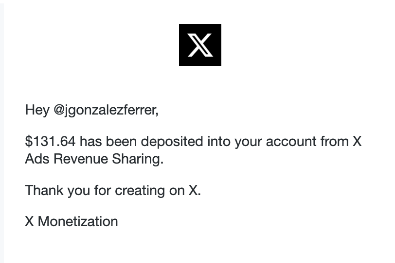 12 días después de entrar en el programa de creadores recibo mi primer pago

$131.64 por postear ✍️

Gracias <a href="/elonmusk/">Elon Musk</a> y al equipo de X

Like si quieres un hilo para explicar mi experiencia y dar mis tips para monetizar❤️
