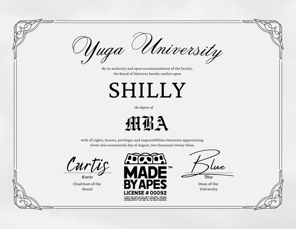 I never went to class, but somehow still got my MBA. Thanks <a href="/BoredApeYC/">Bored Ape Yacht Club 🍌</a>!